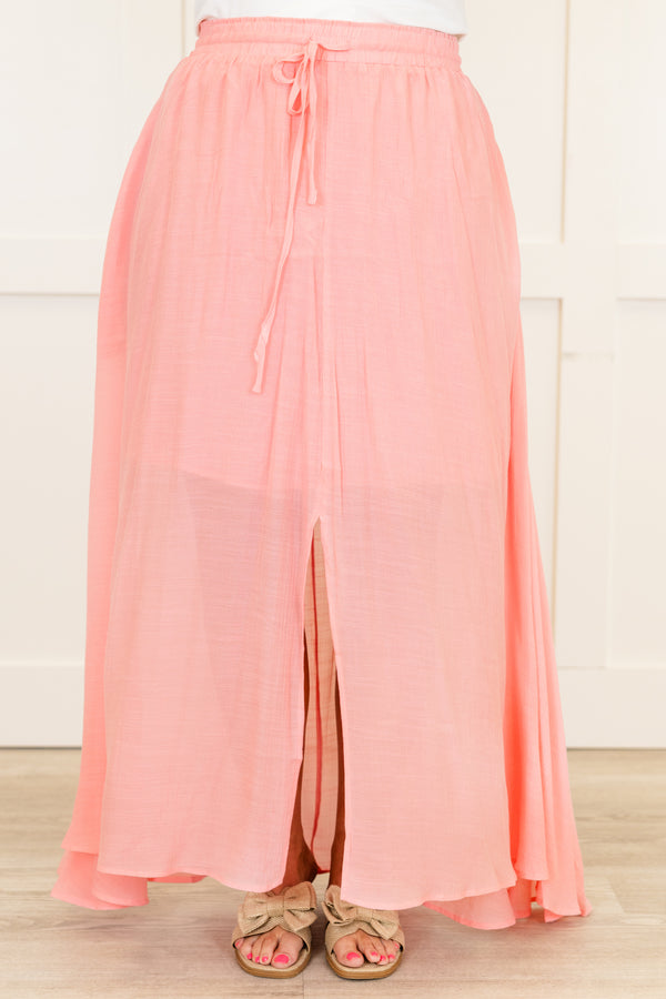 Chic Soul plus size clothing, pastel pink maxi skirt with slit in the front and drawstring stretchy waist