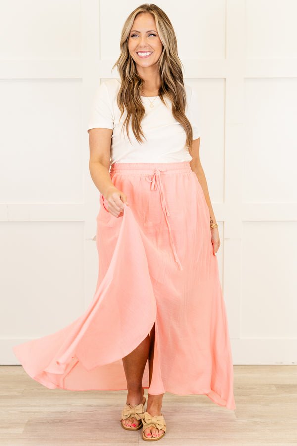 Chic Soul plus size clothing, pastel pink maxi skirt with slit in the front and drawstring stretchy waist