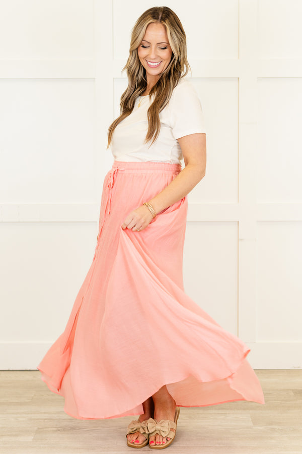 Chic Soul plus size clothing, pastel pink maxi skirt with slit in the front and drawstring stretchy waist