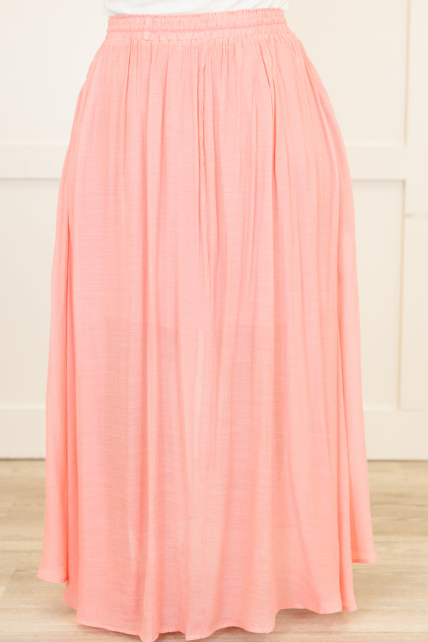 Chic Soul plus size clothing, pastel pink maxi skirt with slit in the front and drawstring stretchy waist