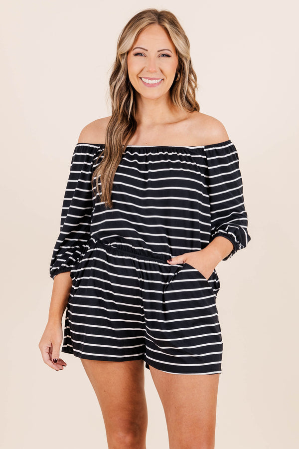 Chic Soul plus size clothing, off the shoulder black romper with white horizontal stripes with synch waist and three-quarter length sleeves
