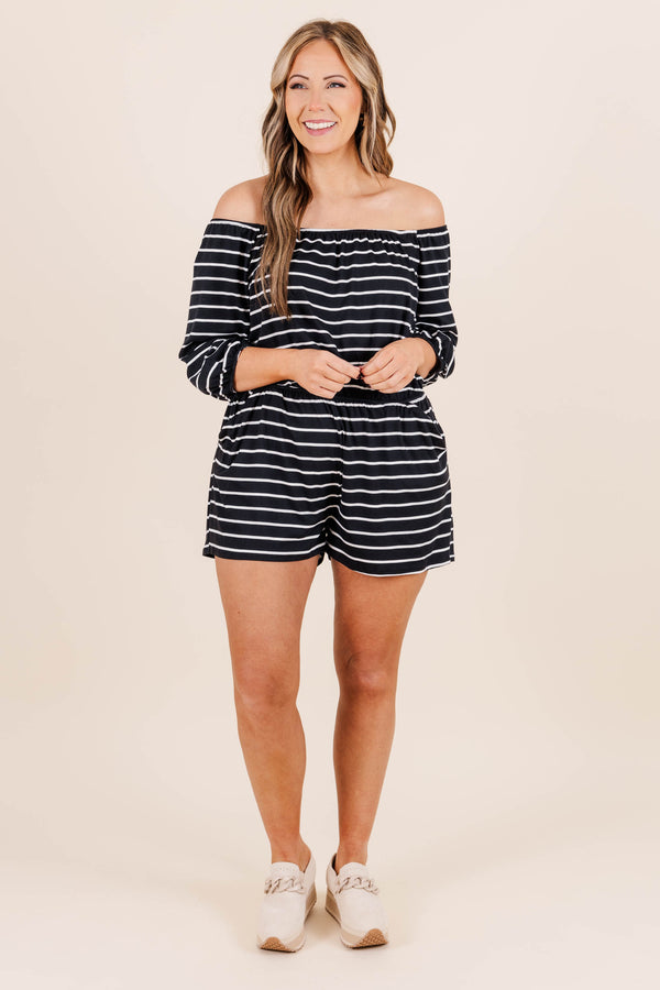Chic Soul plus size clothing, off the shoulder black romper with white horizontal stripes with synch waist and three-quarter length sleeves