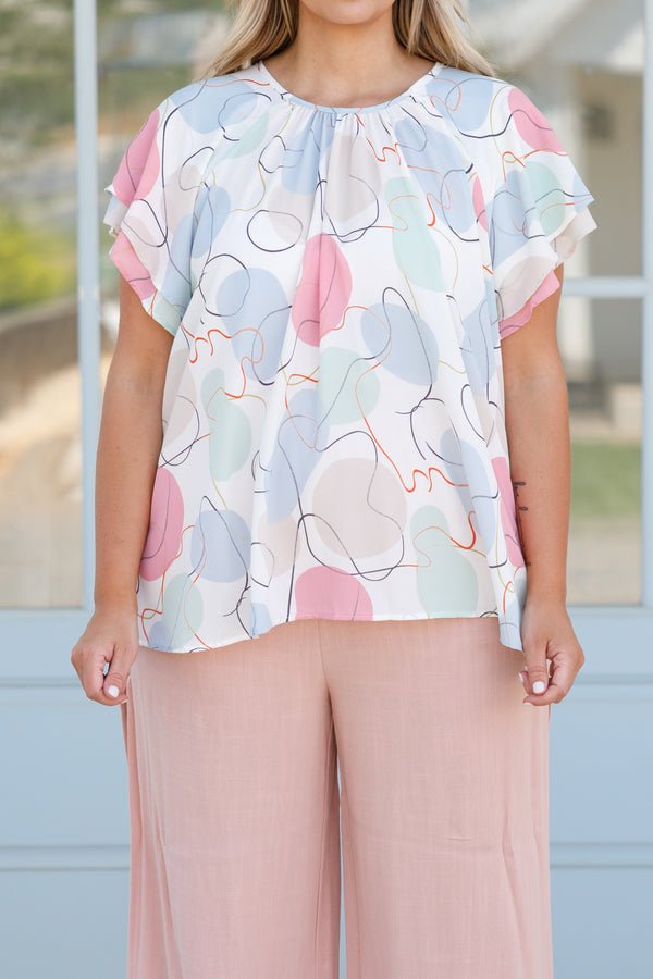 Chic Soul plus size clothing, white flowy blouse with multicolor abstract pattern and ruffle sleeves