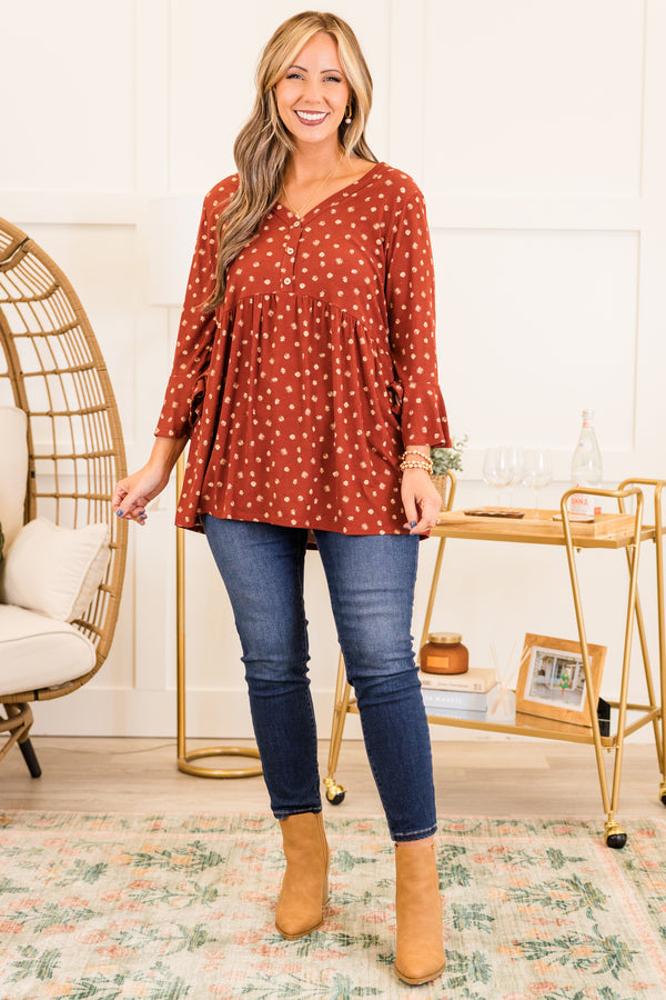 Chic Soul plus size clothing, quarter-sleeve copper brown baby-doll top with buttoned v-neckline and ivory floral pattern detailing 