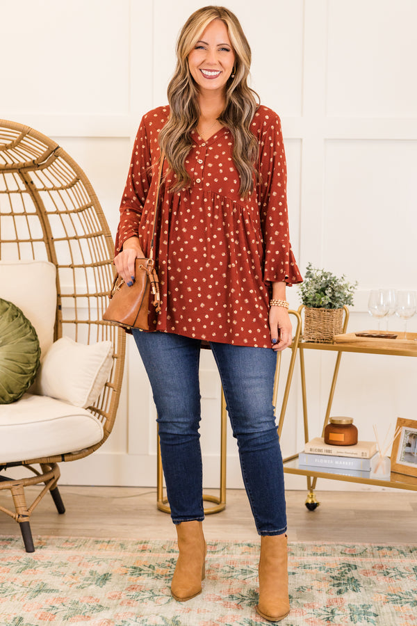 Chic Soul plus size clothing, quarter-sleeve copper brown baby-doll top with buttoned v-neckline and ivory floral pattern detailing 