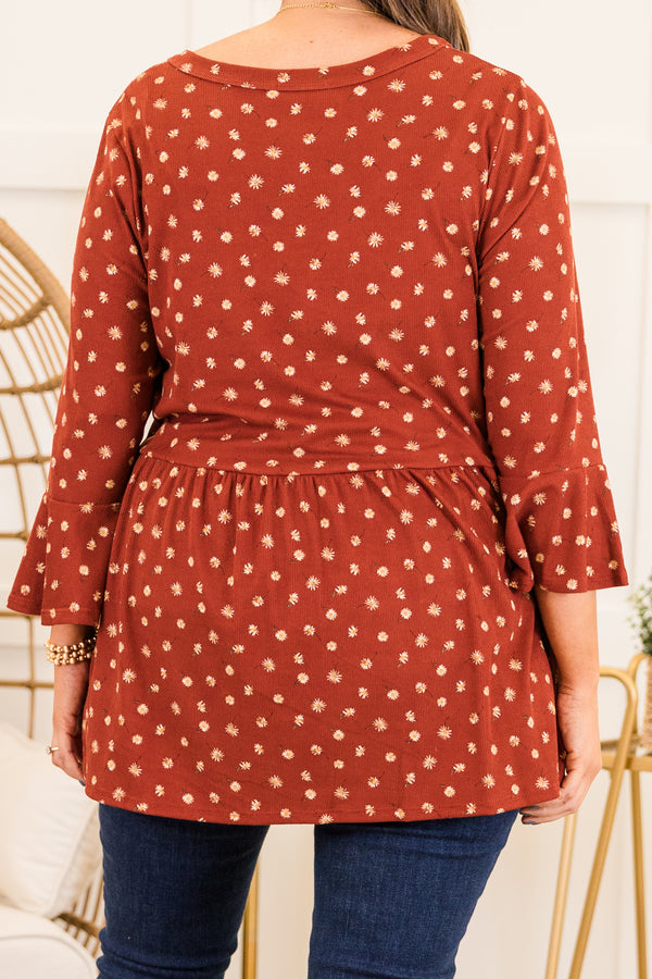 Chic Soul plus size clothing, quarter-sleeve copper brown baby-doll top with buttoned v-neckline and ivory floral pattern detailing 