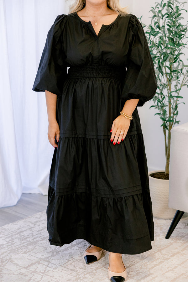 Chic Soul plus size clothing, black maxi dress with long sleeves and tiered skirt