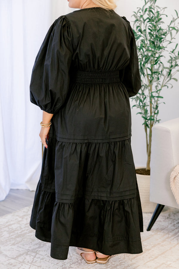 Chic Soul plus size clothing, black maxi dress with long sleeves and tiered skirt