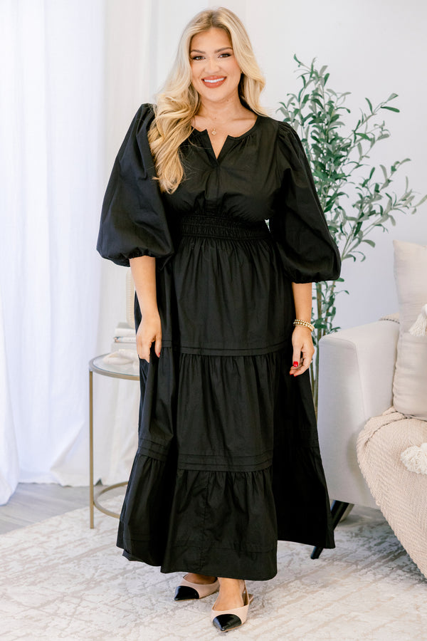 Chic Soul plus size clothing, black maxi dress with long sleeves and tiered skirt