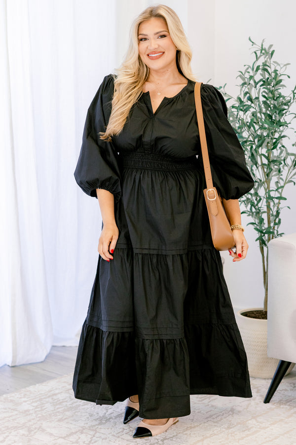 Chic Soul plus size clothing, black maxi dress with long sleeves and tiered skirt