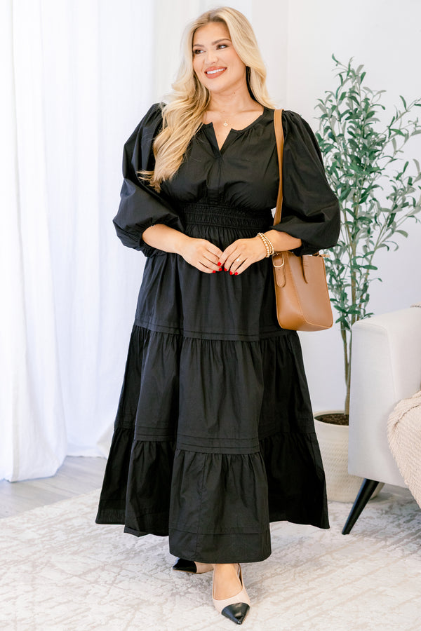 Chic Soul plus size clothing, black maxi dress with long sleeves and tiered skirt