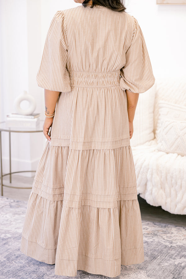 Chic Soul plus size clothing, brown and white vertical pin stripe tiered maxi dress with short puff sleeves and cinching at the waist