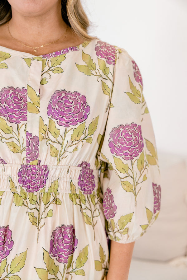 Chic Soul plus size clothing, cream long puff sleeve tiered maxi dress with purple hydrangea floral print 