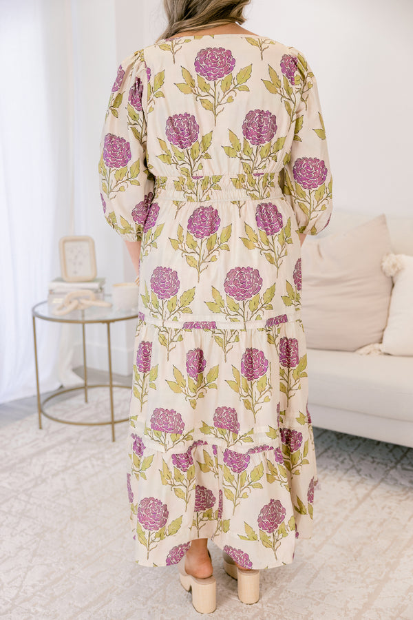 Chic Soul plus size clothing, cream long puff sleeve tiered maxi dress with purple hydrangea floral print 
