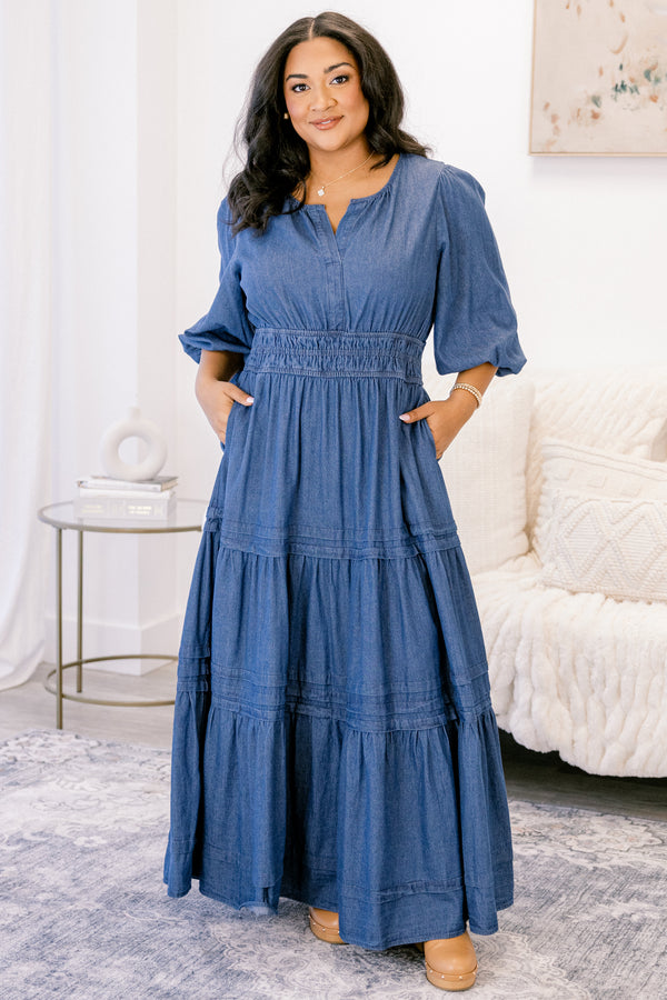 Chic Soul plus size clothing medium wash denim blue short puff sleeve long tiered maxi dress with a cinched waist