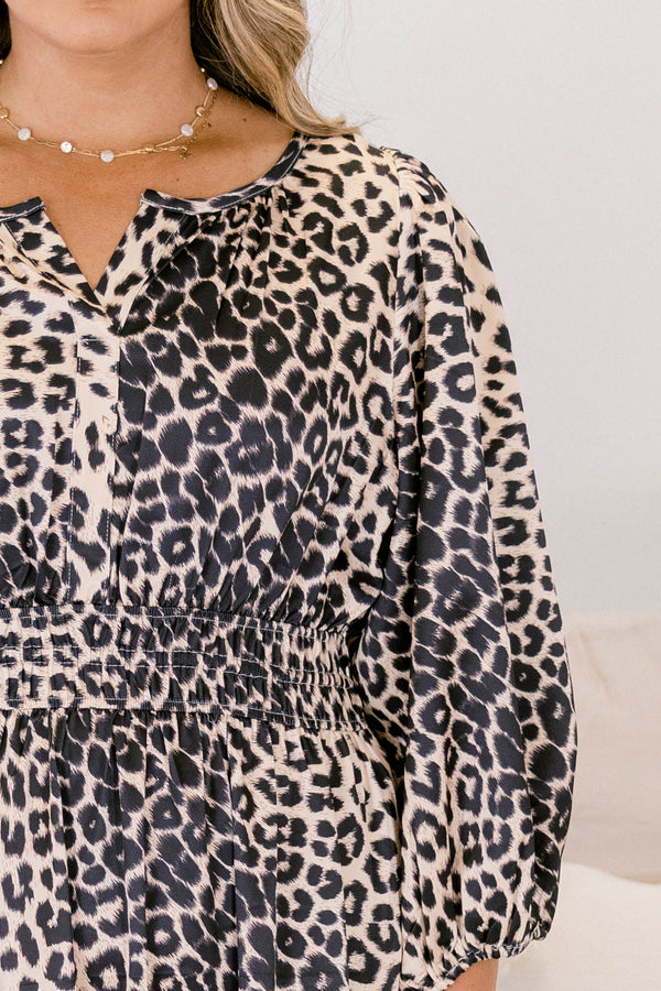 Chic Soul plus size clothing, leopard maxi dress with a slight v-neckline a sinched waist and long bubble sleeves 