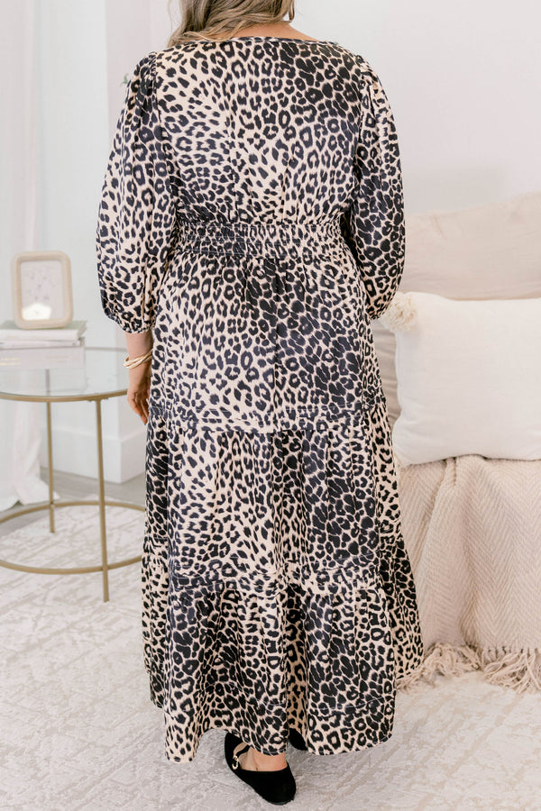 Chic Soul plus size clothing, leopard maxi dress with a slight v-neckline a sinched waist and long bubble sleeves 