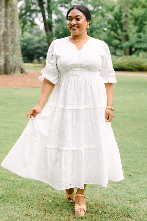 Chic Soul plus size clothing, white puff mid sleeve maxi dress with small v cut out at neckline and tiered skirt