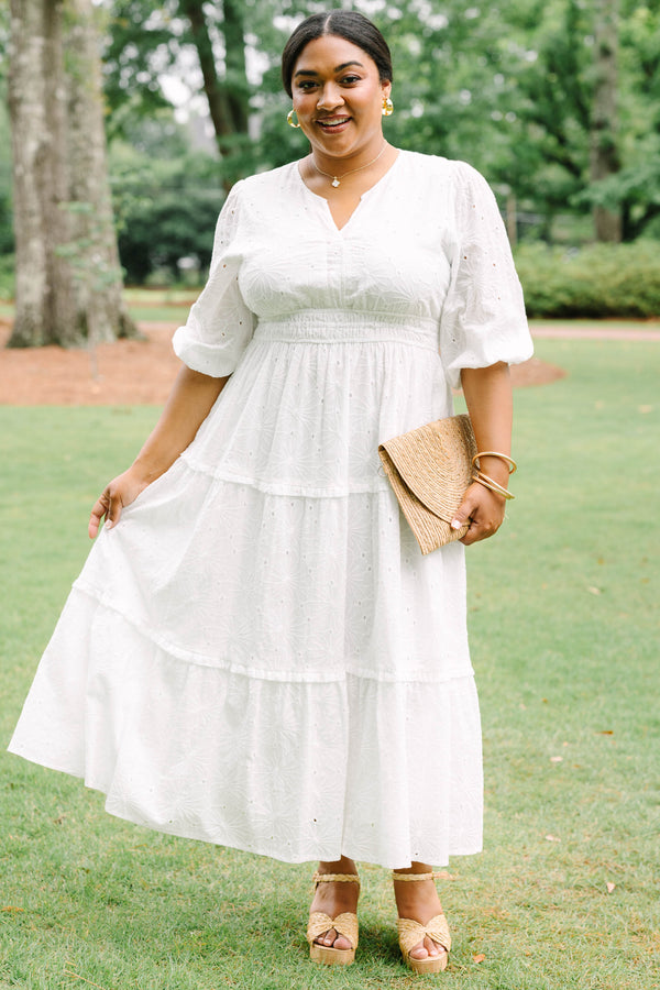 Chic Soul plus size clothing, white puff mid sleeve maxi dress with small v cut out at neckline and tiered skirt