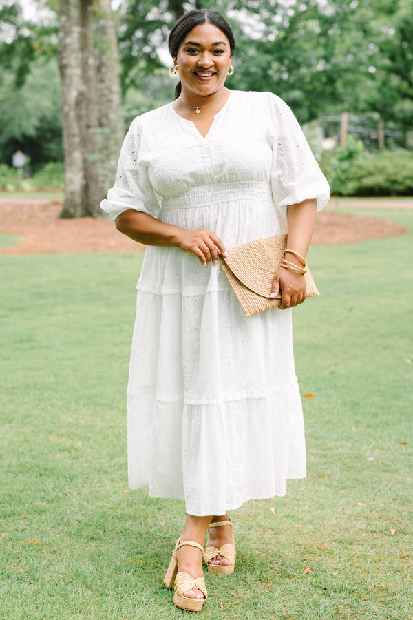 Chic Soul plus size clothing, white puff mid sleeve maxi dress with small v cut out at neckline and tiered skirt