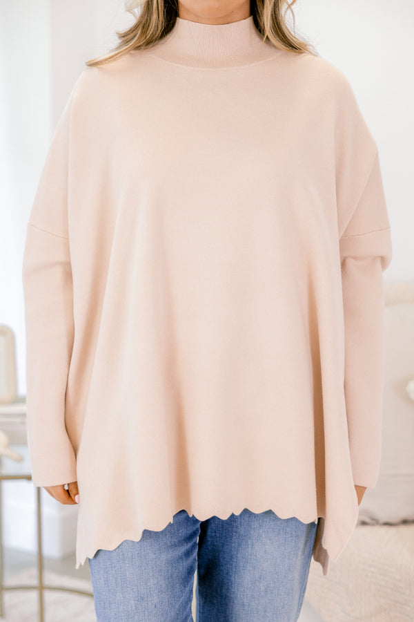 Chic Soul plus size clothing, taupe long sleeve mock neck sweater with side slits and scalloped hem