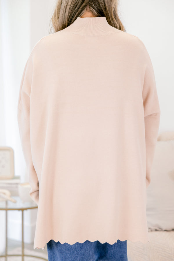 Chic Soul plus size clothing, taupe long sleeve mock neck sweater with side slits and scalloped hem