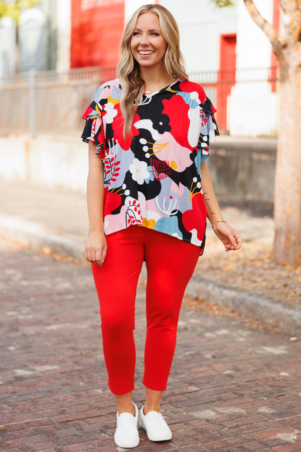 Chic Soul plus size clothing, bold black floral top with flutter sleeves