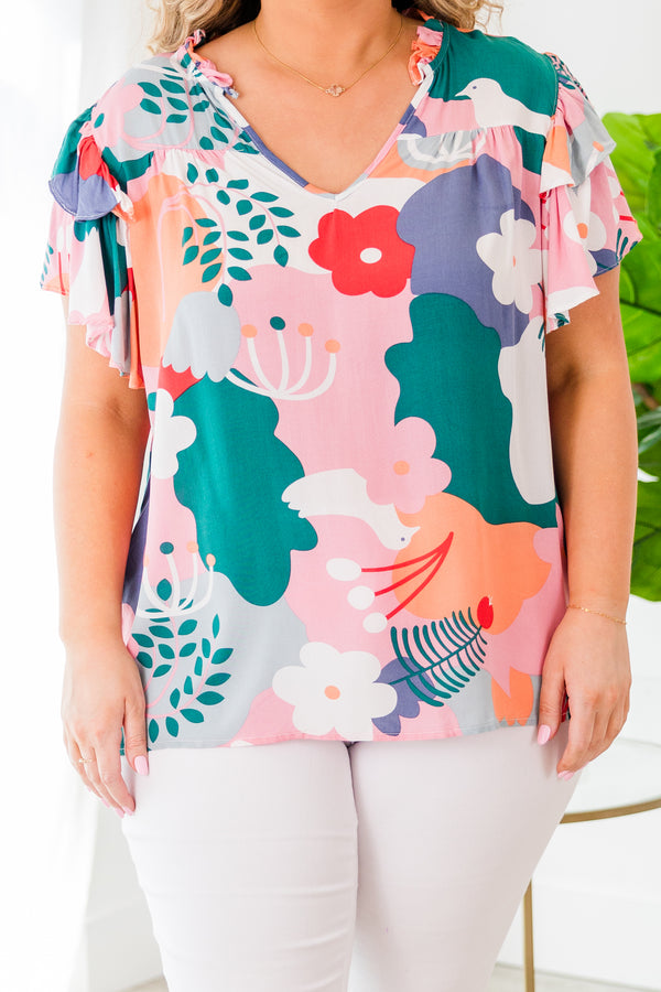 Chic Soul plus size clothing, short sleeve v-neckline pink top with blue, pink, and white floral pattern