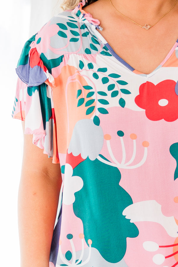 Chic Soul plus size clothing, short sleeve v-neckline pink top with blue, pink, and white floral pattern