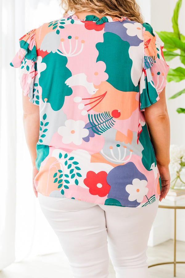 Chic Soul plus size clothing, short sleeve v-neckline pink top with blue, pink, and white floral pattern