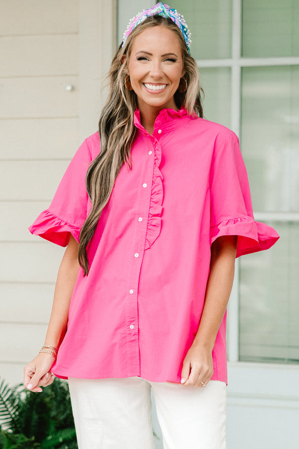 Chic Soul plus size clothing, pink short sleeve top with button down front and flutter sleeves