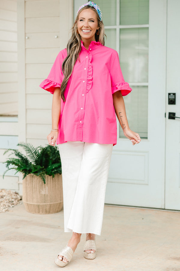 Chic Soul plus size clothing, short-sleeve hot pink ruffled button-down top with white button detailing and a ruffled collar