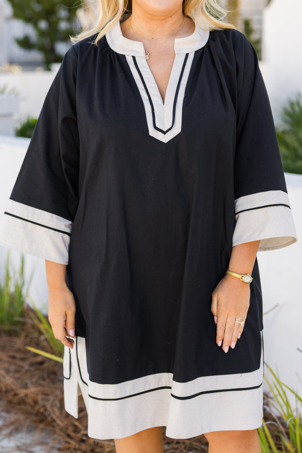 Chic Soul plus size clothing, black long sleeve straight swing dress with white trim around the neckline, sleeves, and hem