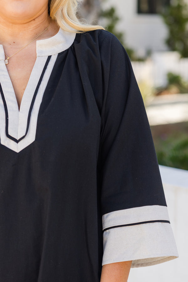 Chic Soul plus size clothing, black long sleeve straight swing dress with white trim around the neckline, sleeves, and hem
