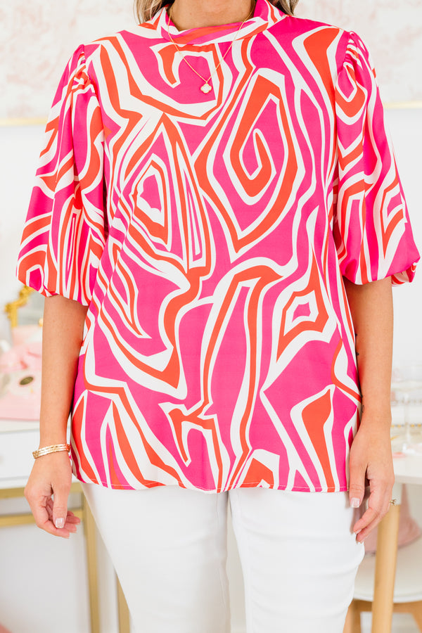 Chic Soul plus size clothing, vibrant pink and orange abstract pattern top with puff sleeves and a high neckline