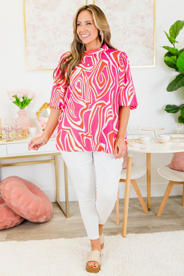 Chic Soul plus size clothing, vibrant pink and orange abstract pattern top with puff sleeves and a high neckline