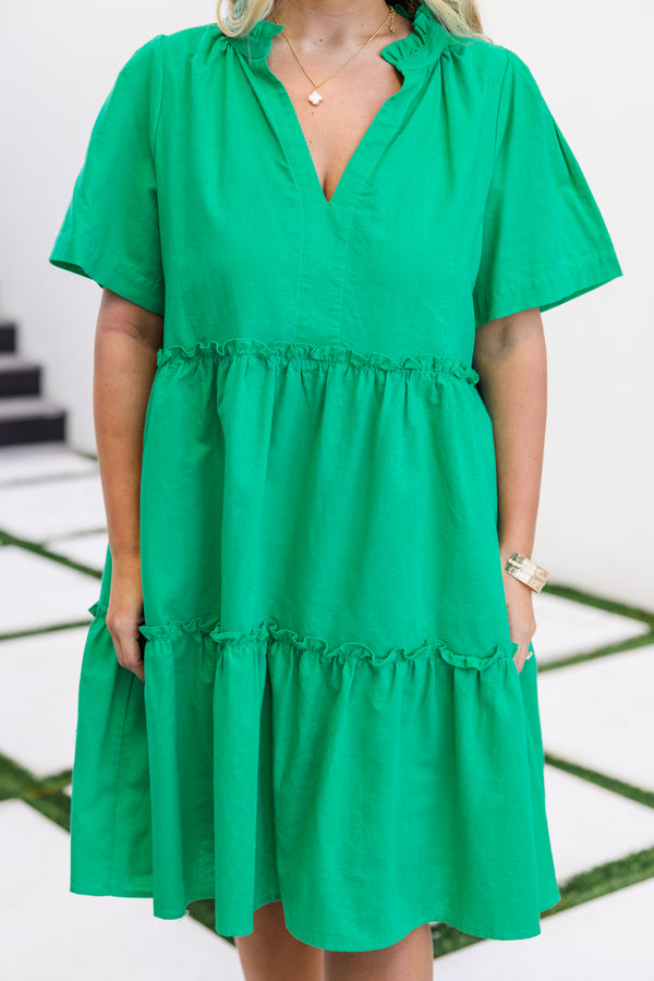 Chic Soul plus size clothing, green short sleeve tiered mini dress with v neckline with ruffle detail along tiers
