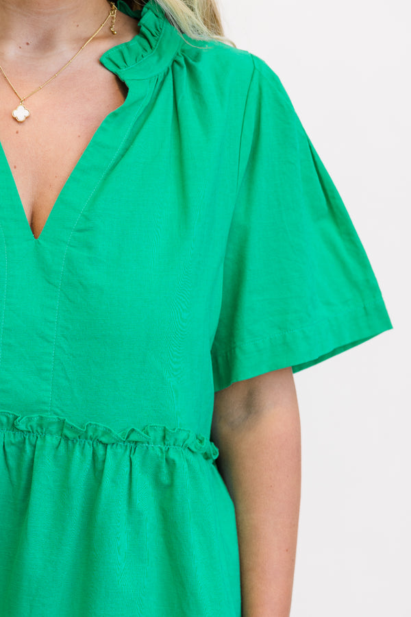 Chic Soul plus size clothing, green short sleeve tiered mini dress with v neckline with ruffle detail along tiers