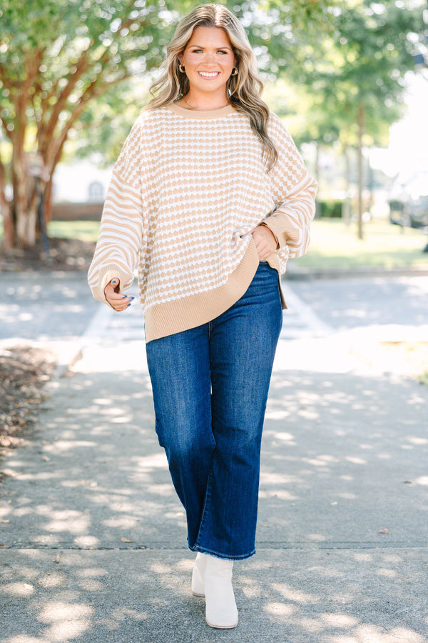 Plus size clothing, brown and white gingham sweater
