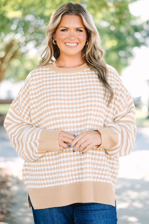 Plus size clothing, brown and white gingham sweater