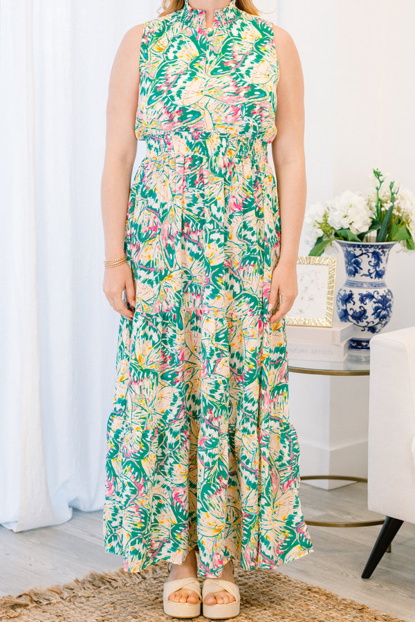Chic Soul plus size clothing, sleeveless high collared neckline green abstract floral patterned maxi dress with a smocked waistline 
