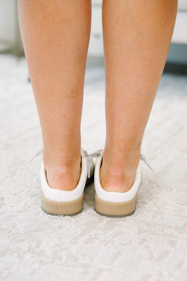 Plus Size white backless mule sneakers with a crystal star patch and tan rubber soles.
