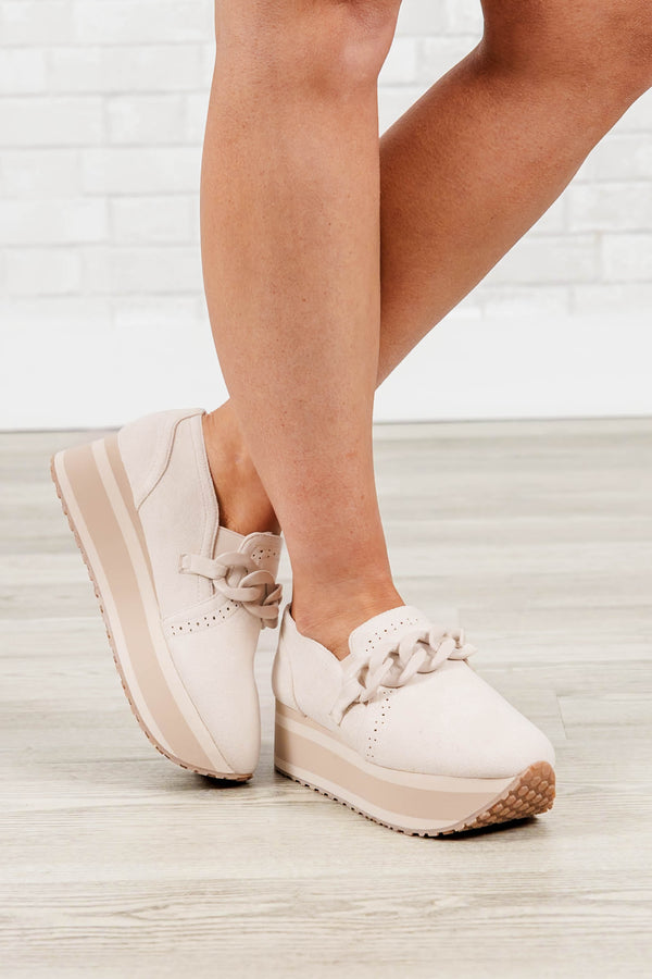 Chic Soul Plus size clothing, ivory slip-on sneakers with platform soul and chain detail