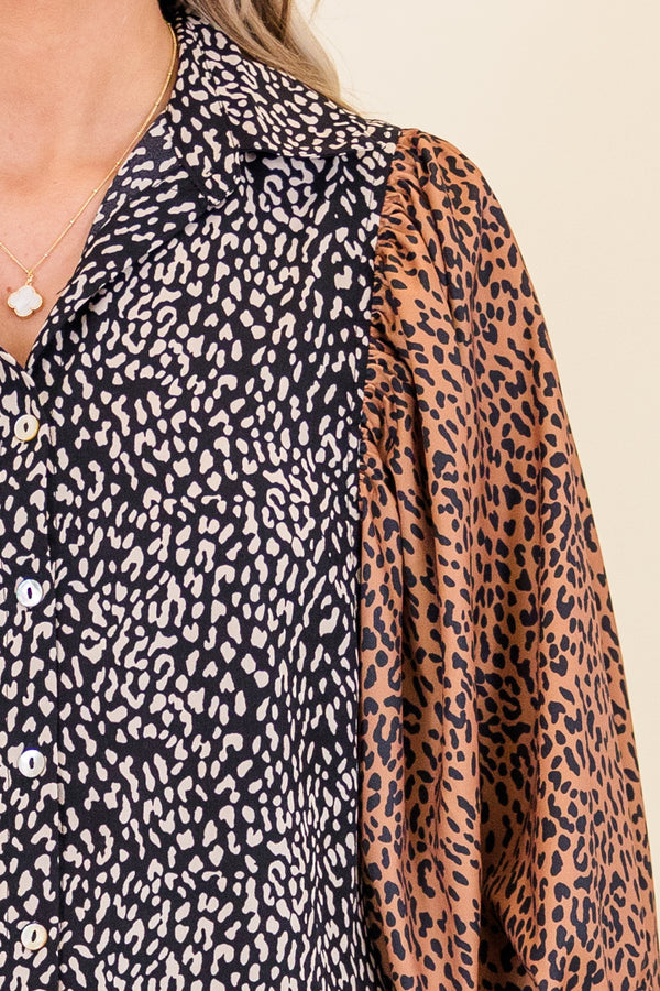 Chic Soul plus size clothing, black and brown long sleeve satin top with leopard print with black and white print along body and brown and black print on sleeves with button up detail and collar