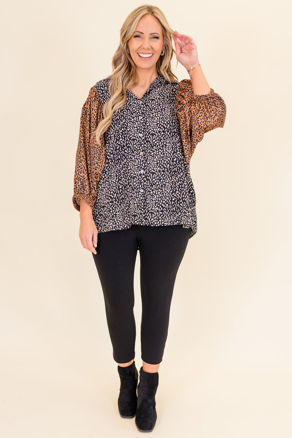 Chic Soul plus size clothing, black and brown long sleeve satin top with leopard print with black and white print along body and brown and black print on sleeves with button up detail and collar