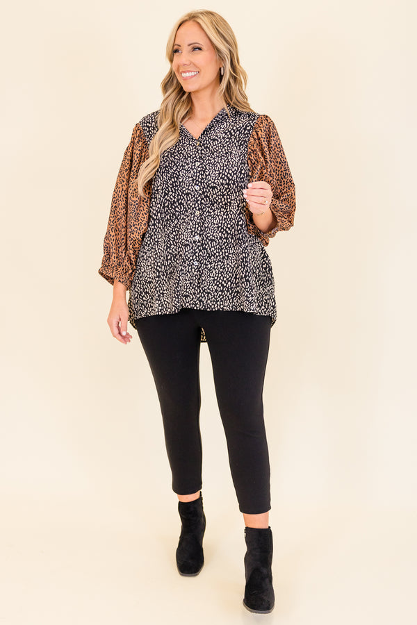 Chic Soul plus size clothing, black and brown long sleeve satin top with leopard print with black and white print along body and brown and black print on sleeves with button up detail and collar