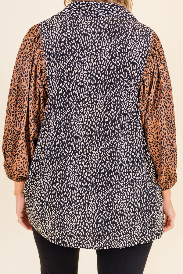 Chic Soul plus size clothing, black and brown long sleeve satin top with leopard print with black and white print along body and brown and black print on sleeves with button up detail and collar
