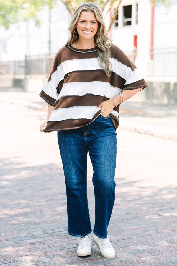 Plus Size chocolate brown and white horizontal striped top with raw seam details and short sleeves.