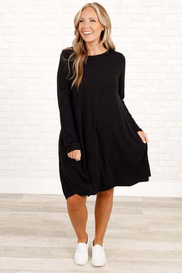 Chic Soul plus size clothing, black flowy long sleeve dress with pockets