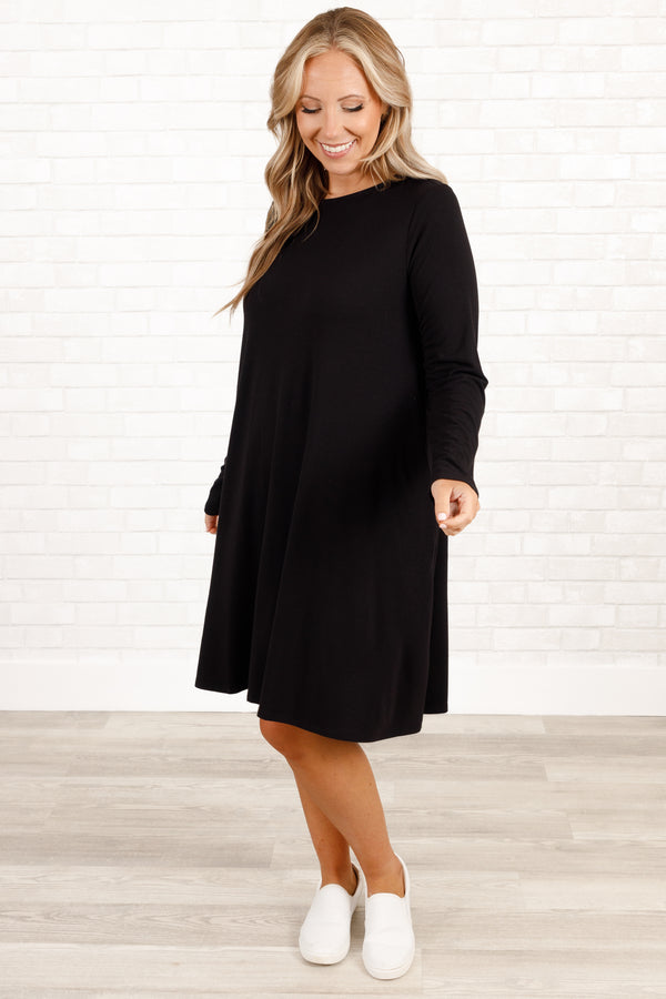 Chic Soul plus size clothing, black flowy long sleeve dress with pockets